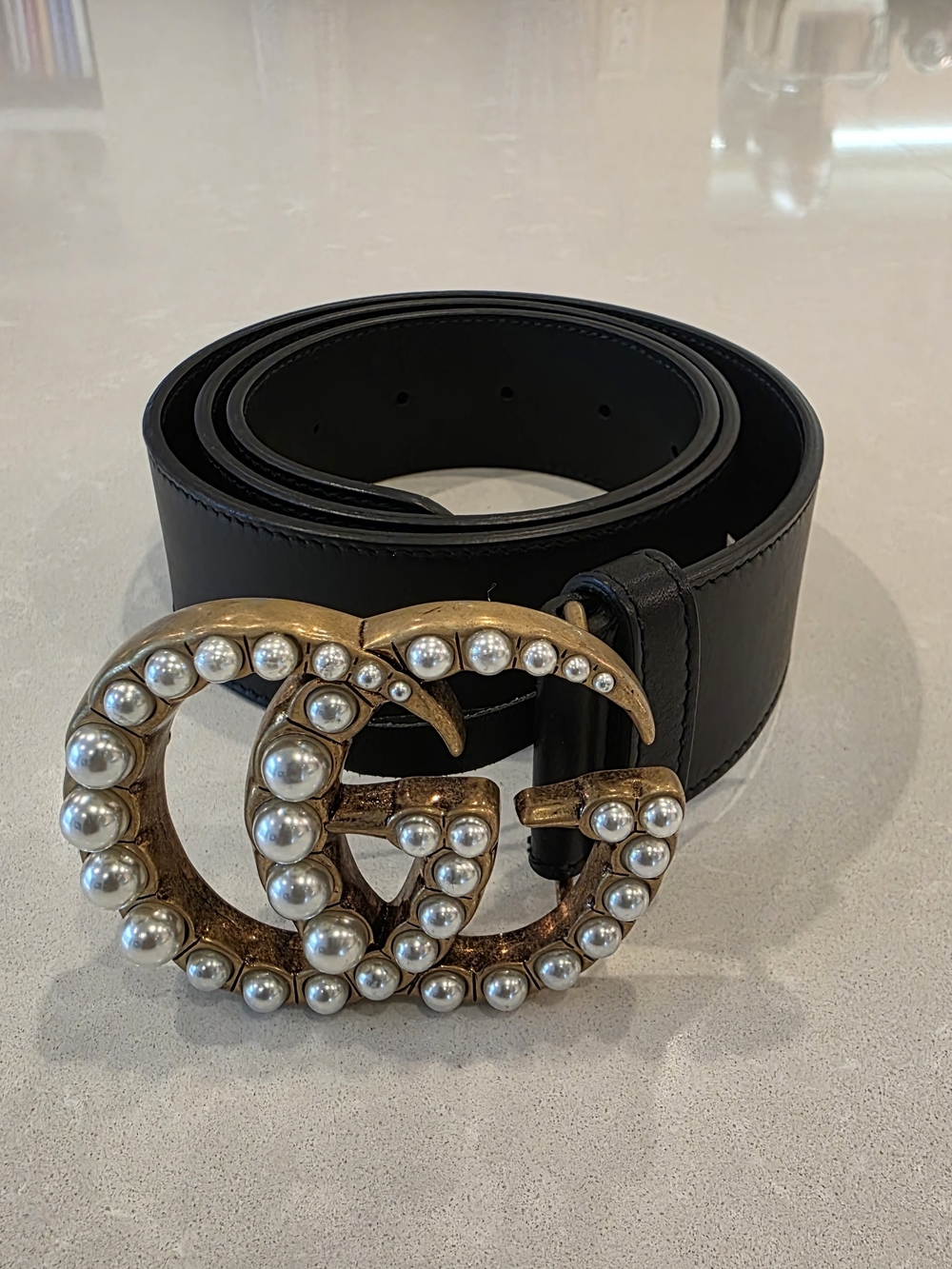 💯 Authentic Gucci Pearl-Embellished GG Leather Belt in Black